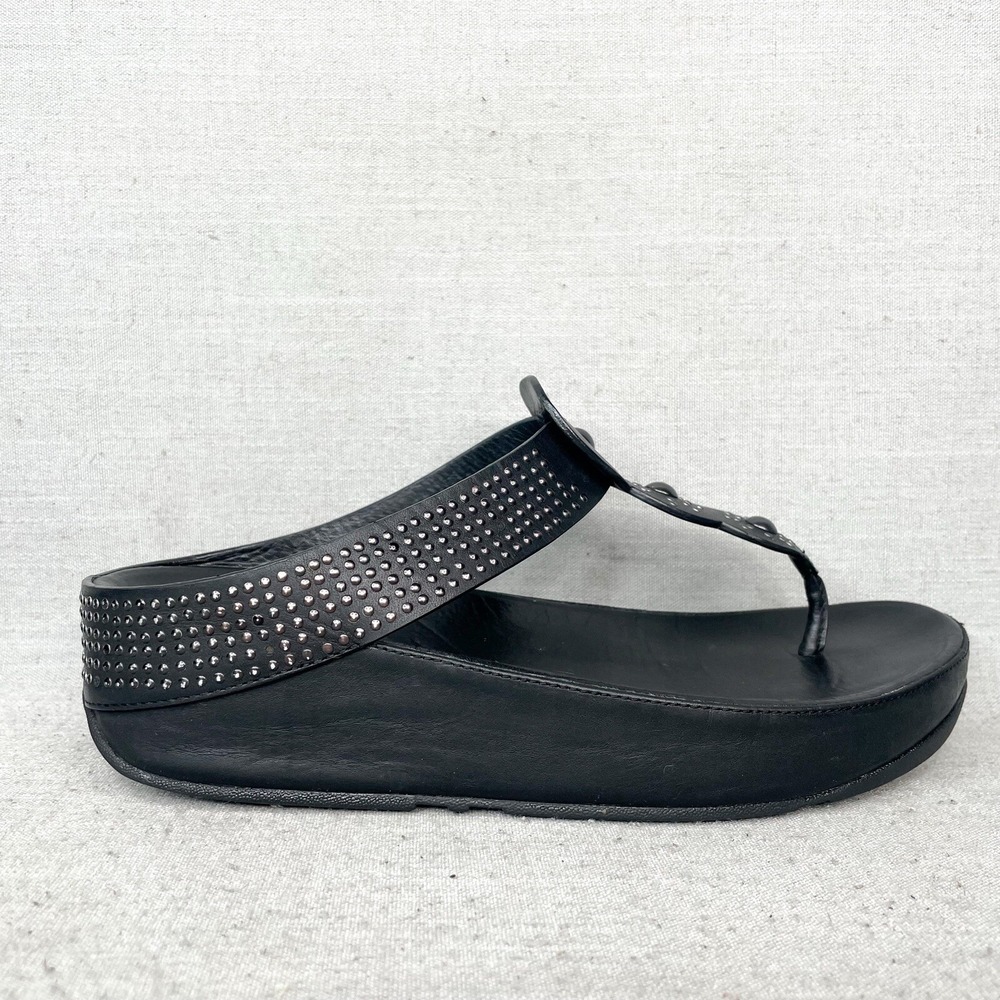 Fitflop Womens 8 Galaxy Toe Thong Sandal Shoe Black Studded Wedge Comfort SlipOn